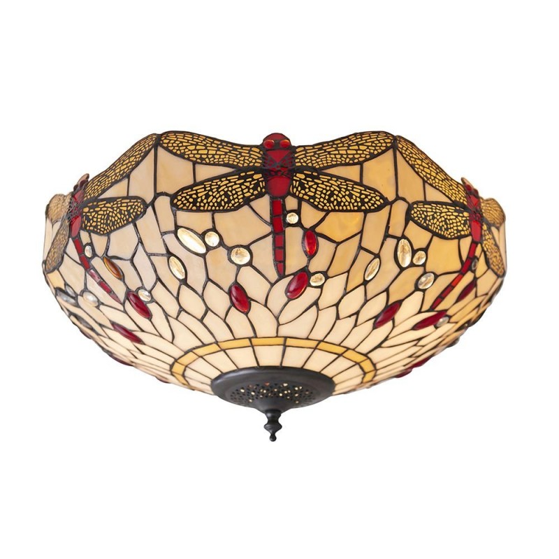 Ceiling Lights - Dragonfly Beige - Tiffany Glass & Dark Bronze Flush Interiors1900-70723 - Dragonfly Beige - Tiffany Glass & Dark Bronze Flush