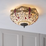 Dragonfly Beige - Satin Black 2 Light Flush with Tiffany Glass