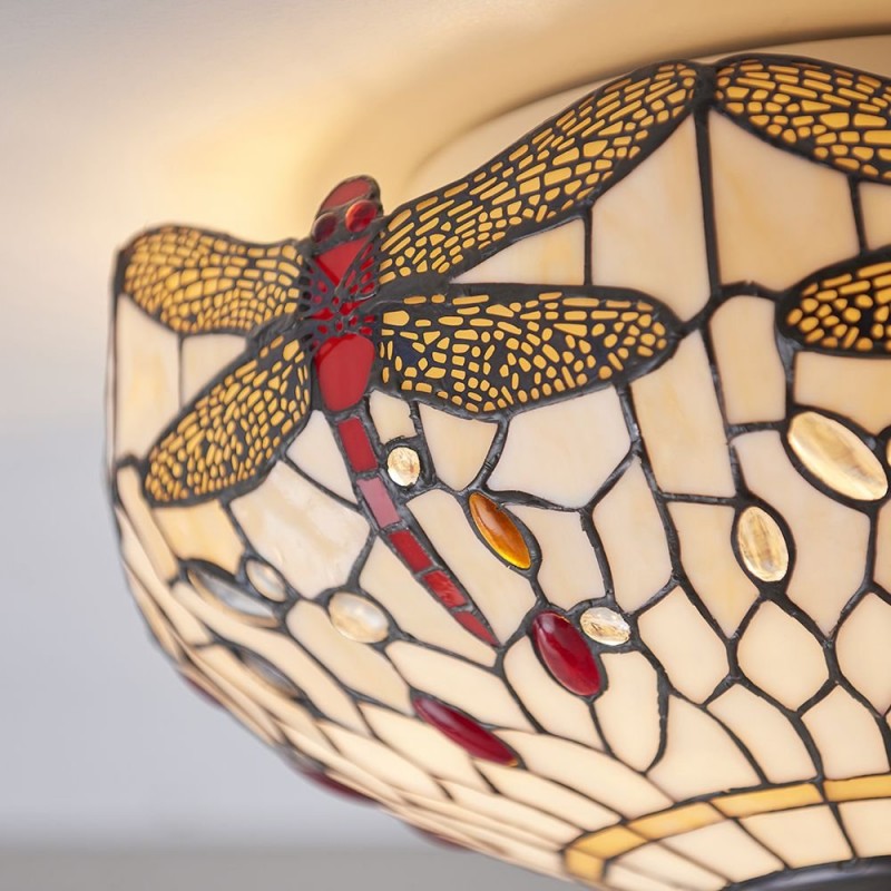 Ceiling Lights - Dragonfly Beige - Tiffany Glass & Dark Bronze Flush Interiors1900-70723 - Dragonfly Beige - Tiffany Glass & Dark Bronze Flush