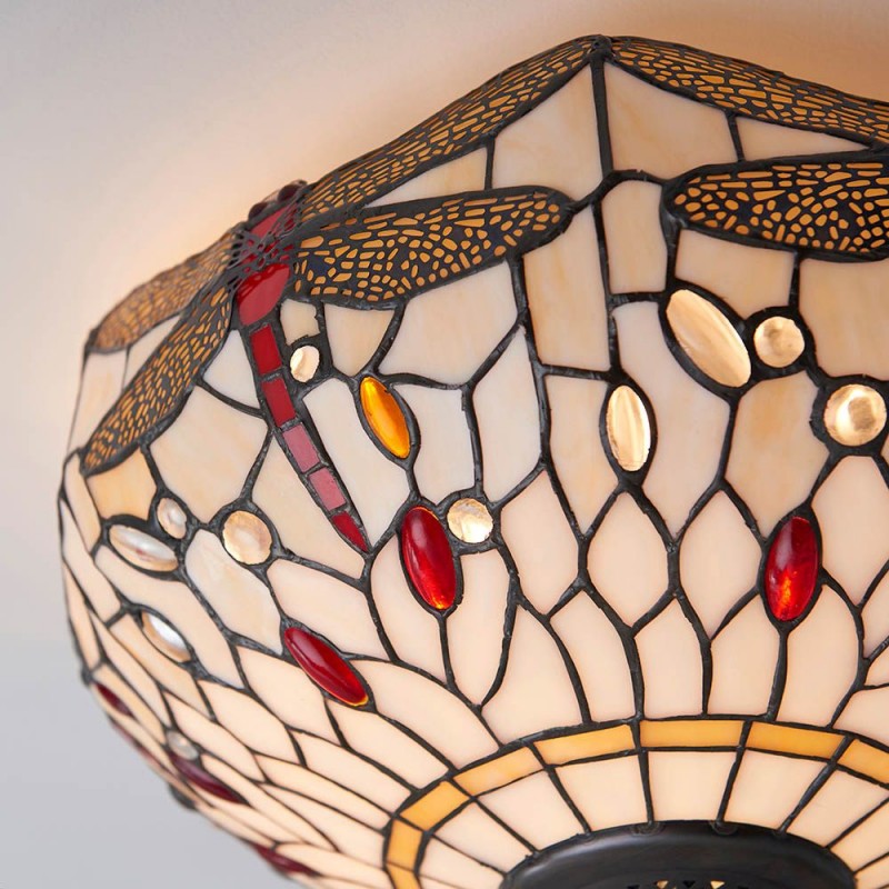 Interiors1900-70723 - Dragonfly Beige - Satin Black 2 Light Flush with Tiffany Glass