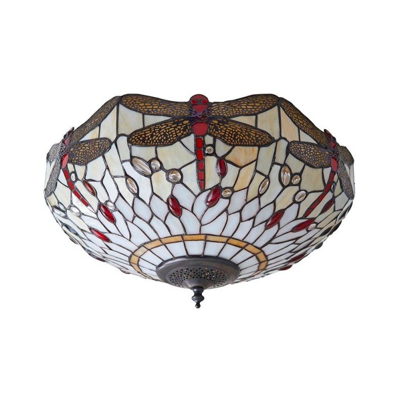 Interiors1900-70723 - Dragonfly Beige - Satin Black 2 Light Flush with Tiffany Glass