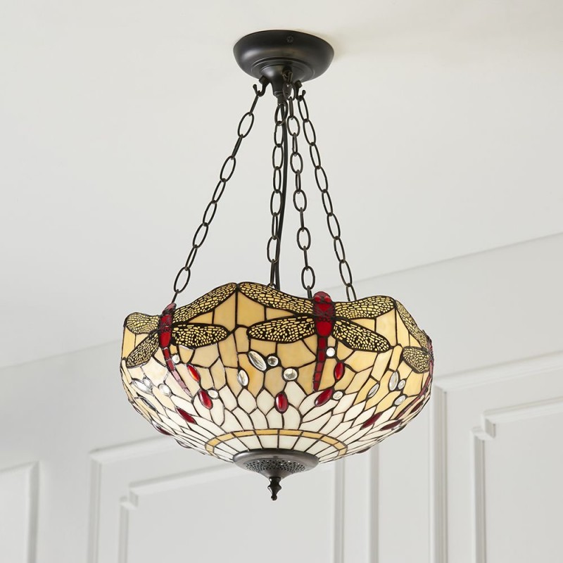 Interiors1900-70759 - Dragonfly Beige - Tiffany Glass & Dark Bronze Pendant