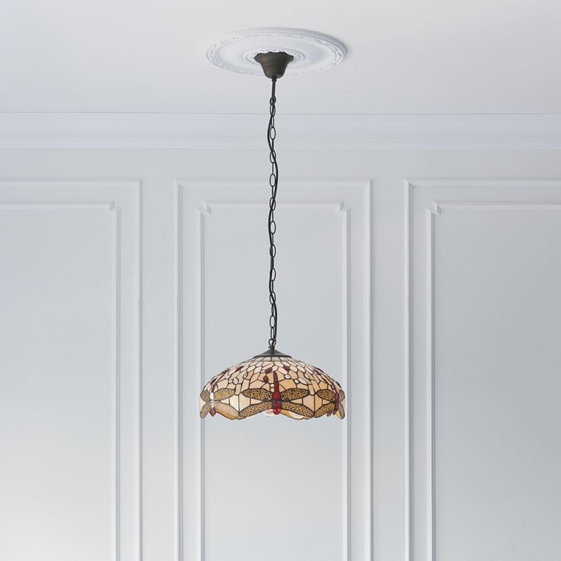 Ceiling Lights - Dragonfly Beige - Tiffany Glass & Dark Bronze Pendant Interiors1900-70824 - Dragonfly Beige - Tiffany Glass & Dark Bronze Pendant