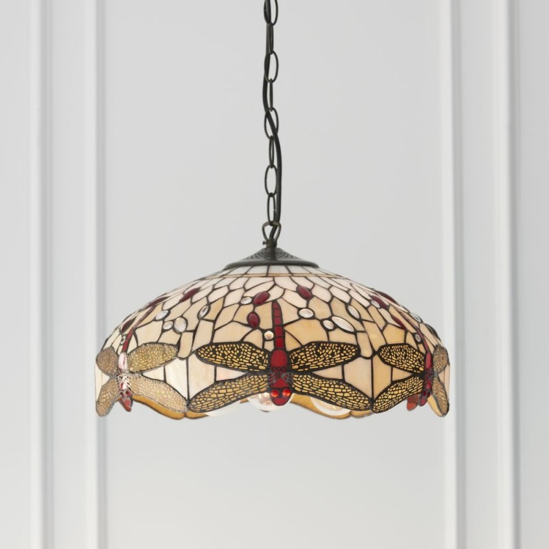Ceiling Lights - Dragonfly Beige - Tiffany Glass & Dark Bronze Pendant Interiors1900-70824 - Dragonfly Beige - Tiffany Glass & Dark Bronze Pendant