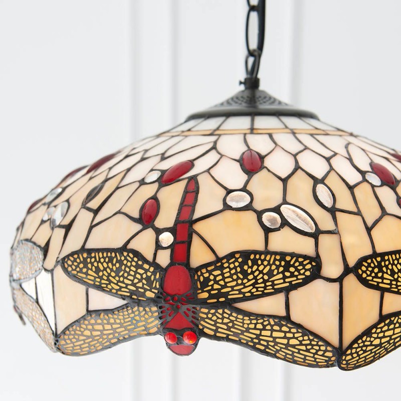 Interiors1900-70824 - Dragonfly Beige - Satin Black 3 Light Pendant with Tiffany Glass