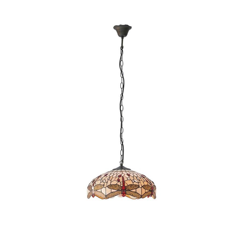 Interiors1900-70824 - Dragonfly Beige - Satin Black 3 Light Pendant with Tiffany Glass