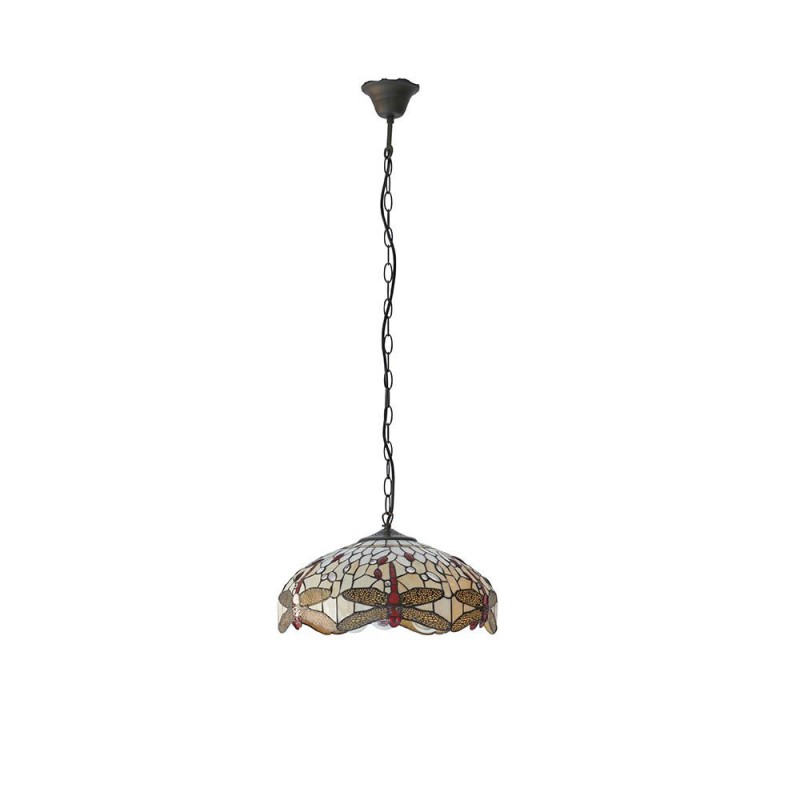 Interiors1900-70824 - Dragonfly Beige - Satin Black 3 Light Pendant with Tiffany Glass