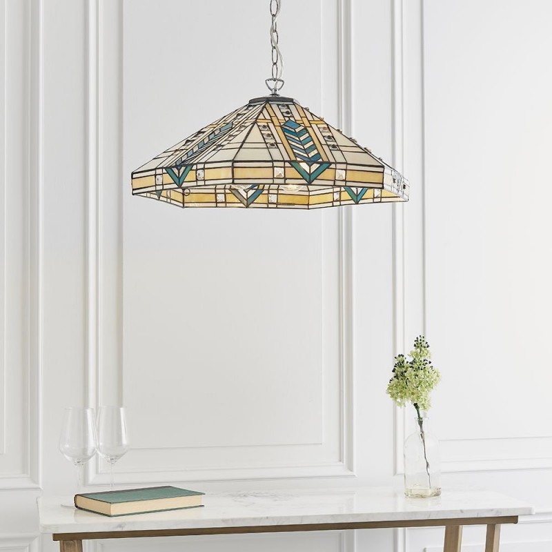 Ceiling Lights - Lloyd - Tiffany Glass & Chrome 3 Light Pendant Interiors1900-70903 - Lloyd - Tiffany Glass & Chrome 3 Light Pendant