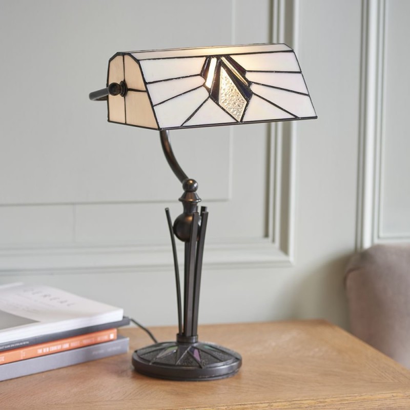 Table & Floor Lamp - Astoria - Tiffany Glass & Black Bankers Table Lamp Interiors1900-70909 - Astoria - Tiffany Glass & Black Bankers Table Lamp