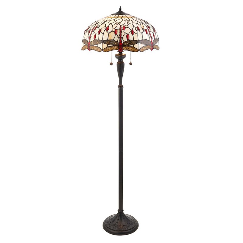 Interiors1900-70940 - Dragonfly Beige - Satin Black 2 Light Floor Lamp with Tiffany Glass