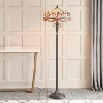 Dragonfly Beige - Satin Black 2 Light Floor Lamp with Tiffany Glass