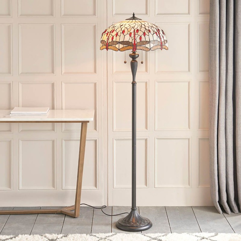 Interiors1900-70940 - Dragonfly Beige - Satin Black 2 Light Floor Lamp with Tiffany Glass