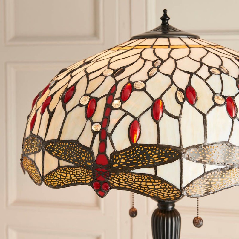 Interiors1900-70940 - Dragonfly Beige - Satin Black 2 Light Floor Lamp with Tiffany Glass