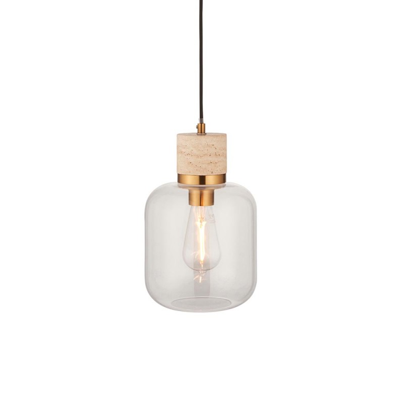 - Travi - Natural Travertine Stone Pendant with Clear Glass Endon-120658 - Travi - Natural Travertine Stone Pendant with Clear Glass