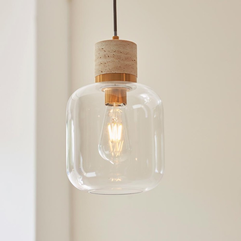 - Travi - Natural Travertine Stone Pendant with Clear Glass Endon-120658 - Travi - Natural Travertine Stone Pendant with Clear Glass