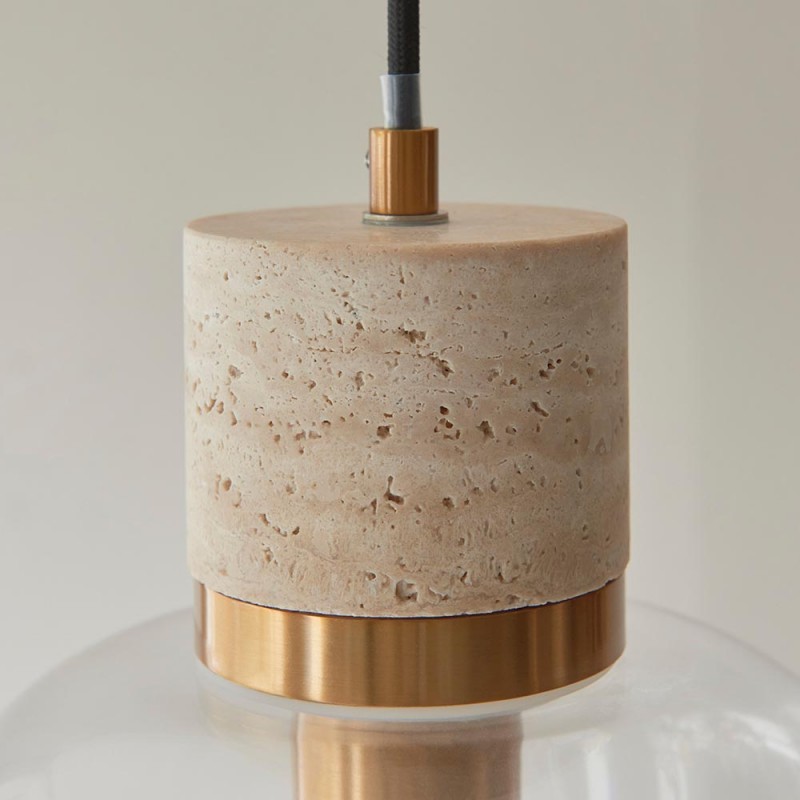 - Travi - Natural Travertine Stone Pendant with Clear Glass Endon-120658 - Travi - Natural Travertine Stone Pendant with Clear Glass