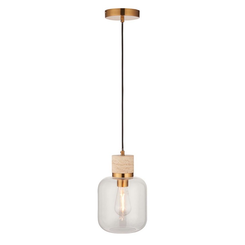 - Travi - Natural Travertine Stone Pendant with Clear Glass Endon-120658 - Travi - Natural Travertine Stone Pendant with Clear Glass