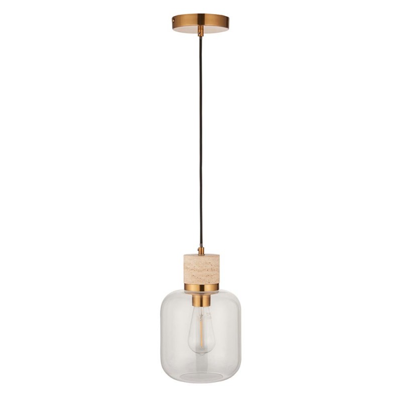 - Travi - Natural Travertine Stone Pendant with Clear Glass Endon-120658 - Travi - Natural Travertine Stone Pendant with Clear Glass