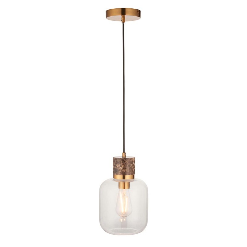 - Travi - Dark Brown Emperador Marble Pendant with Clear Glass Endon-120659 - Travi - Dark Brown Emperador Marble Pendant with Clear Glass