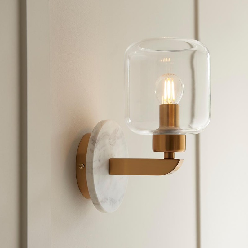 - Travi - White Volakas Marble Wall Lamp with Clear Glass Endon-120660 - Travi - White Volakas Marble Wall Lamp with Clear Glass