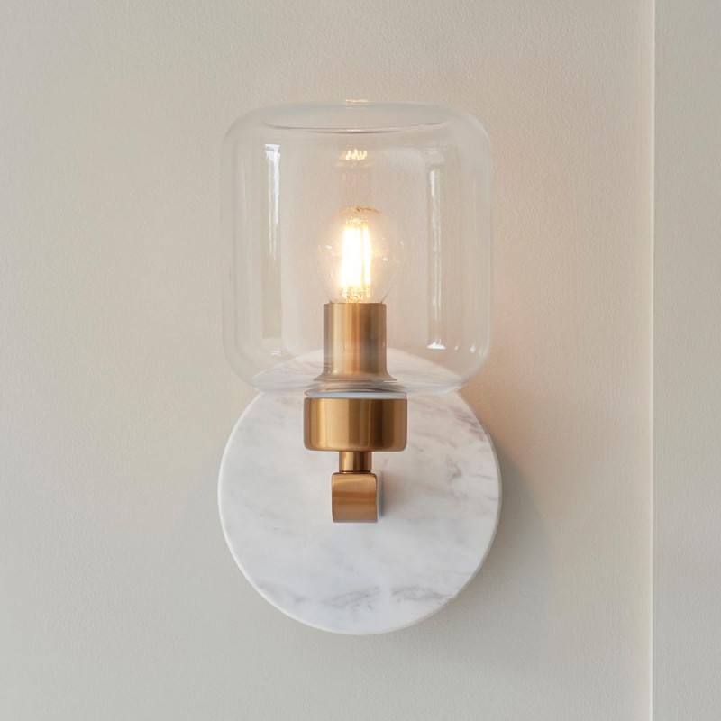 - Travi - White Volakas Marble Wall Lamp with Clear Glass Endon-120660 - Travi - White Volakas Marble Wall Lamp with Clear Glass