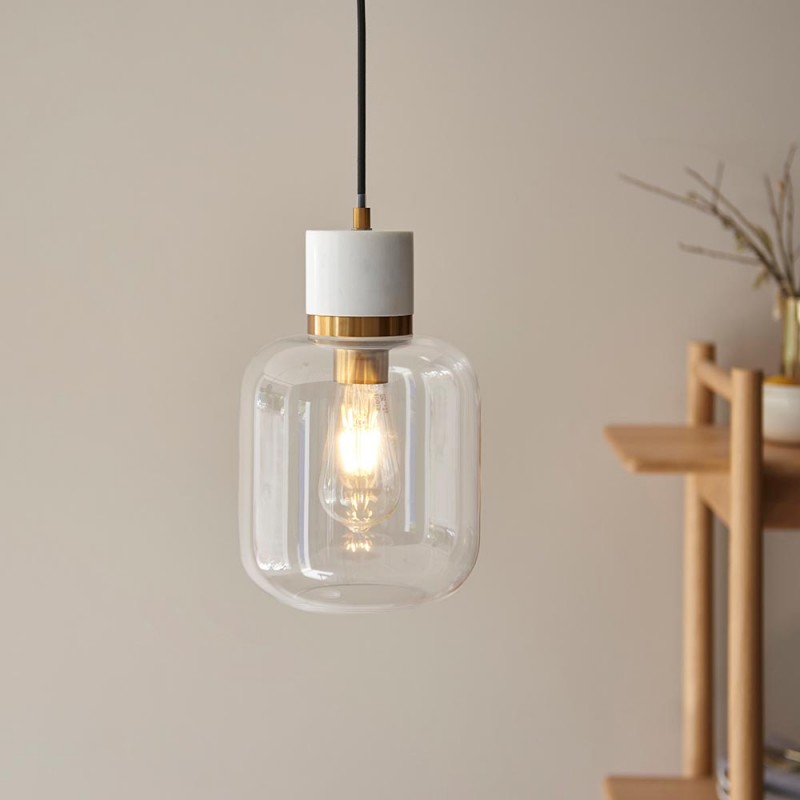 - Travi - White Volakas Marble Pendant with Clear Glass Endon-120661 - Travi - White Volakas Marble Pendant with Clear Glass