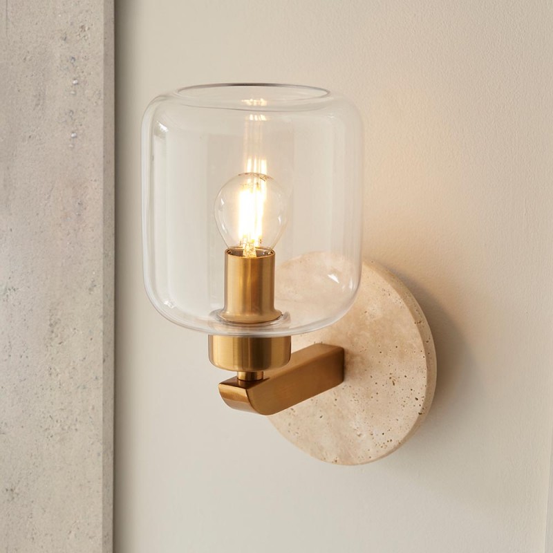 - Travi - Natural Travertine Stone Wall Lamp with Clear Glass Endon-120662 - Travi - Natural Travertine Stone Wall Lamp with Clear Glass