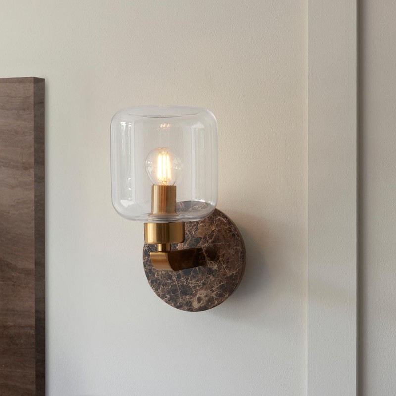 - Travi - Dark Brown Emperador Marble Wall Lamp with Clear Glass Endon-120663 - Travi - Dark Brown Emperador Marble Wall Lamp with Clear Glass