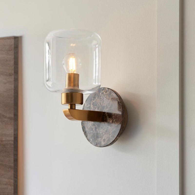 - Travi - Dark Brown Emperador Marble Wall Lamp with Clear Glass Endon-120663 - Travi - Dark Brown Emperador Marble Wall Lamp with Clear Glass