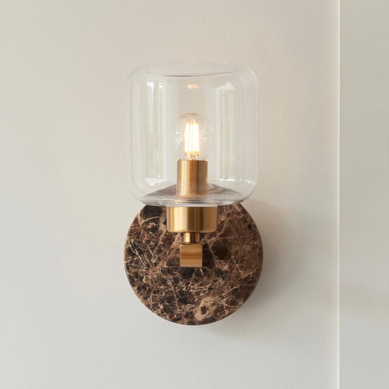 - Travi - Dark Brown Emperador Marble Wall Lamp with Clear Glass Endon-120663 - Travi - Dark Brown Emperador Marble Wall Lamp with Clear Glass