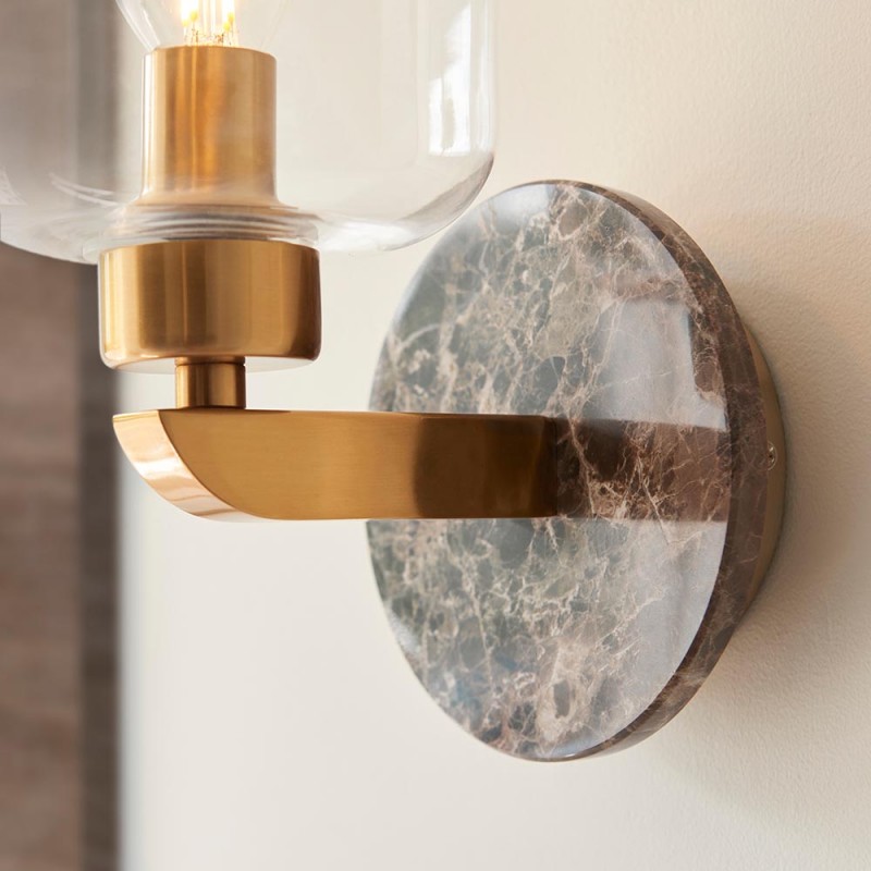 - Travi - Dark Brown Emperador Marble Wall Lamp with Clear Glass Endon-120663 - Travi - Dark Brown Emperador Marble Wall Lamp with Clear Glass