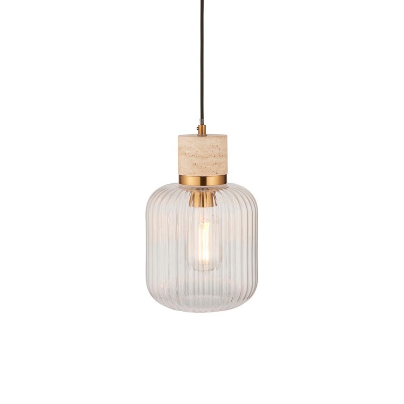 - Travi Ribbed - Natural Travertine Stone Pendant with Clear Ribbed Glass Endon-120664 - Travi Ribbed - Natural Travertine Stone Pendant with Clear Ribbed Glass