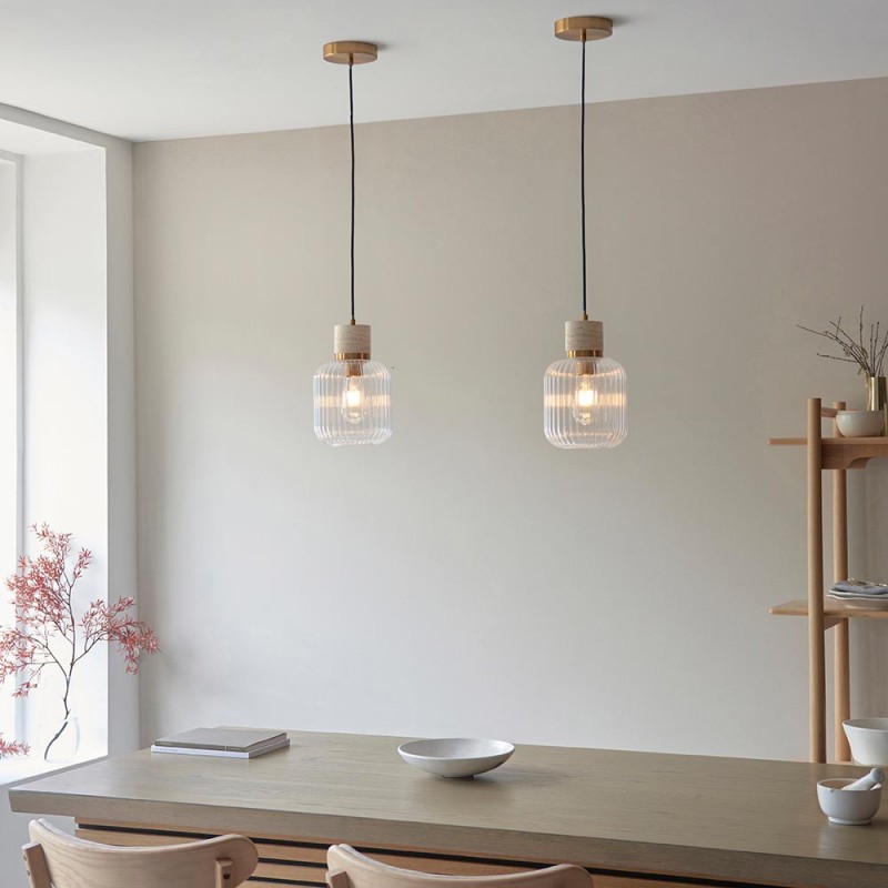 - Travi Ribbed - Natural Travertine Stone Pendant with Clear Ribbed Glass Endon-120664 - Travi Ribbed - Natural Travertine Stone Pendant with Clear Ribbed Glass