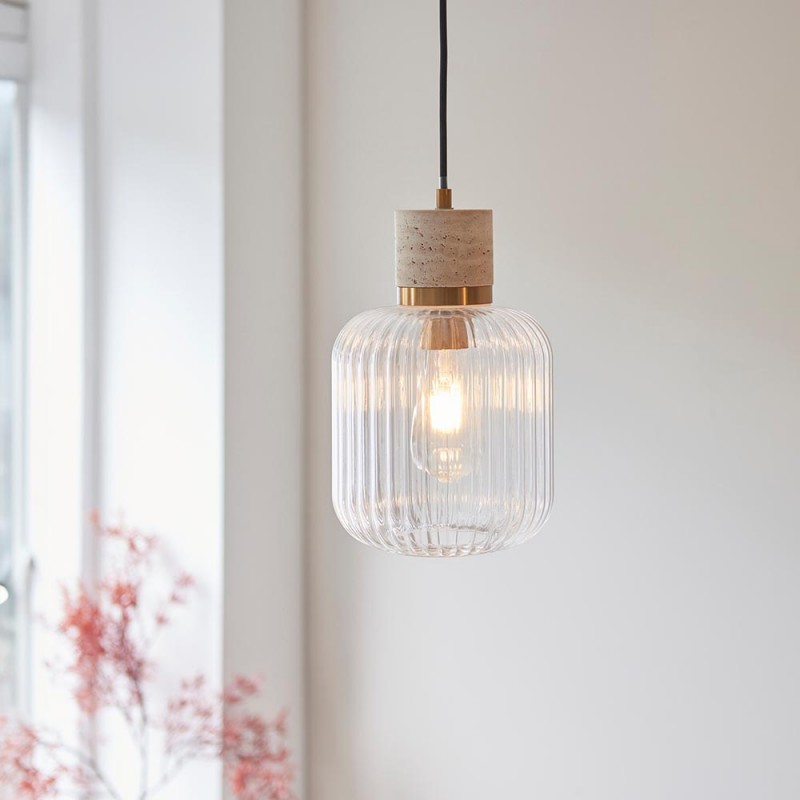 - Travi Ribbed - Natural Travertine Stone Pendant with Clear Ribbed Glass Endon-120664 - Travi Ribbed - Natural Travertine Stone Pendant with Clear Ribbed Glass