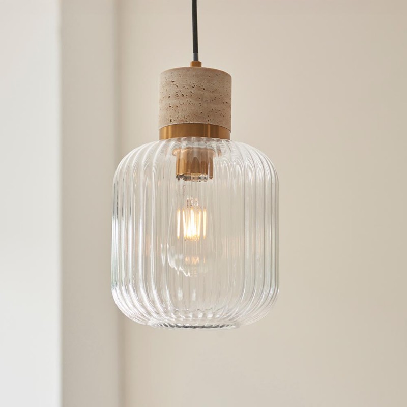 - Travi Ribbed - Natural Travertine Stone Pendant with Clear Ribbed Glass Endon-120664 - Travi Ribbed - Natural Travertine Stone Pendant with Clear Ribbed Glass