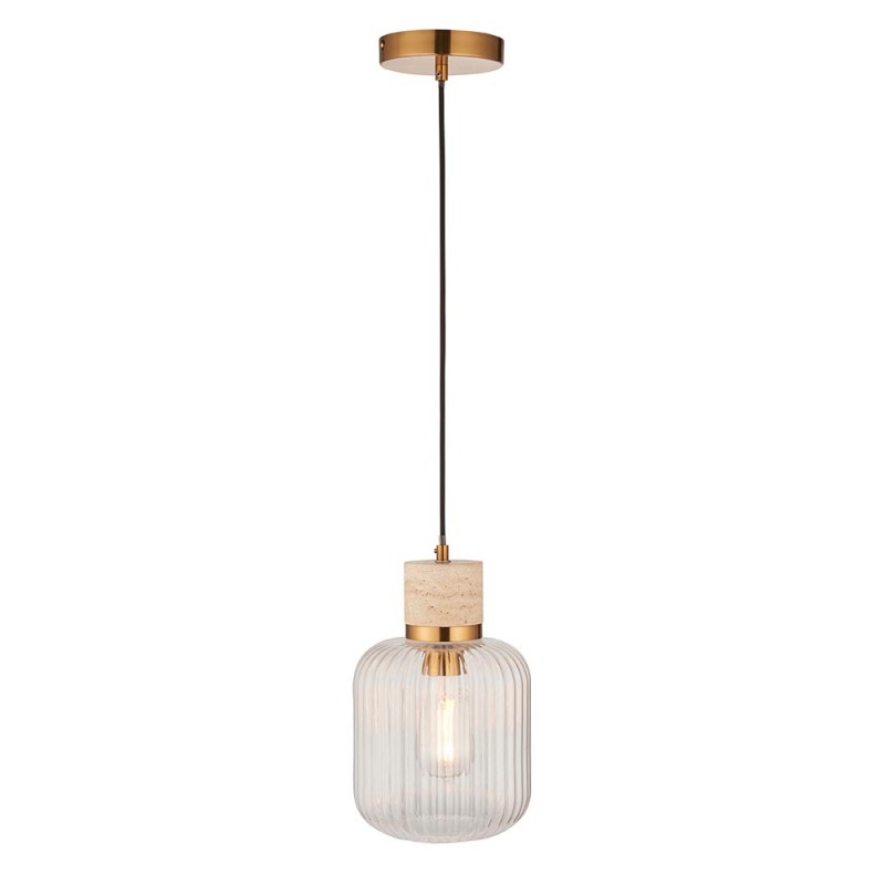 - Travi Ribbed - Natural Travertine Stone Pendant with Clear Ribbed Glass Endon-120664 - Travi Ribbed - Natural Travertine Stone Pendant with Clear Ribbed Glass