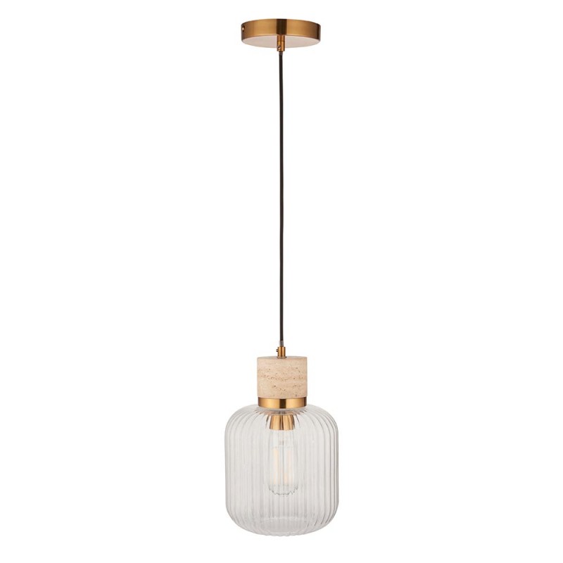 - Travi Ribbed - Natural Travertine Stone Pendant with Clear Ribbed Glass Endon-120664 - Travi Ribbed - Natural Travertine Stone Pendant with Clear Ribbed Glass