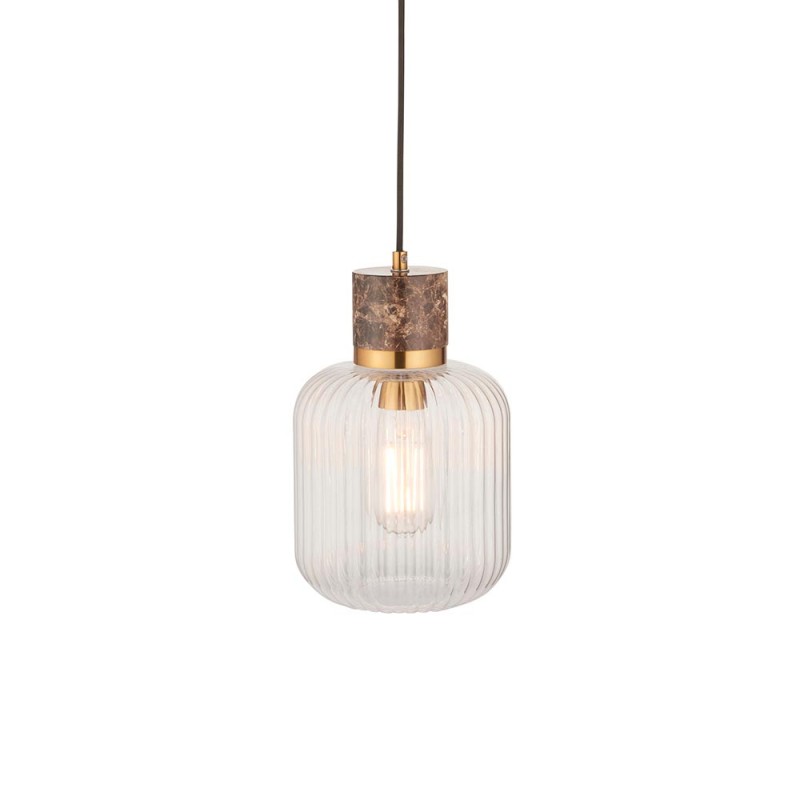 - Travi Ribbed - Dark Brown Emperador Marble Pendant with Clear Ribbed Glass Endon-120665 - Travi Ribbed - Dark Brown Emperador Marble Pendant with Clear Ribbed Glass