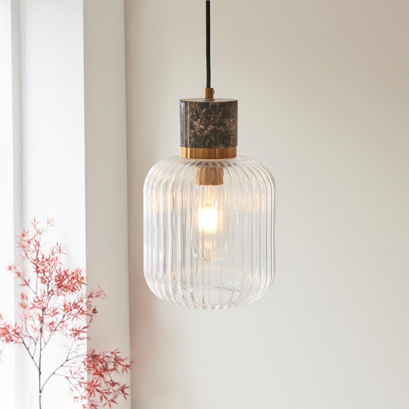 - Travi Ribbed - Dark Brown Emperador Marble Pendant with Clear Ribbed Glass Endon-120665 - Travi Ribbed - Dark Brown Emperador Marble Pendant with Clear Ribbed Glass