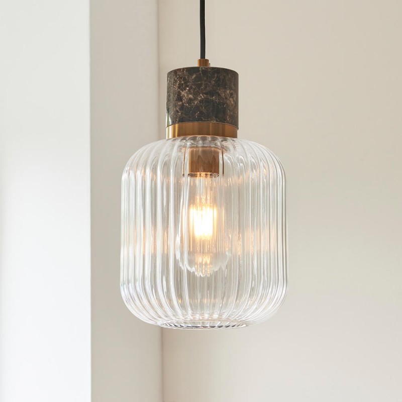 - Travi Ribbed - Dark Brown Emperador Marble Pendant with Clear Ribbed Glass Endon-120665 - Travi Ribbed - Dark Brown Emperador Marble Pendant with Clear Ribbed Glass