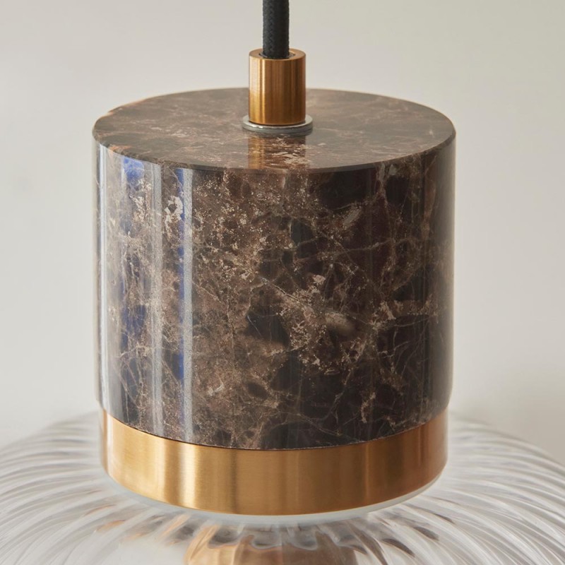 - Travi Ribbed - Dark Brown Emperador Marble Pendant with Clear Ribbed Glass Endon-120665 - Travi Ribbed - Dark Brown Emperador Marble Pendant with Clear Ribbed Glass