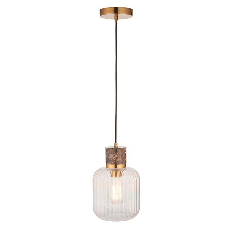 - Travi Ribbed - Dark Brown Emperador Marble Pendant with Clear Ribbed Glass Endon-120665 - Travi Ribbed - Dark Brown Emperador Marble Pendant with Clear Ribbed Glass