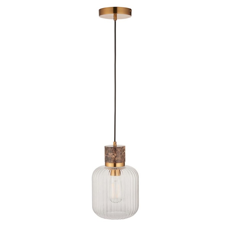 - Travi Ribbed - Dark Brown Emperador Marble Pendant with Clear Ribbed Glass Endon-120665 - Travi Ribbed - Dark Brown Emperador Marble Pendant with Clear Ribbed Glass