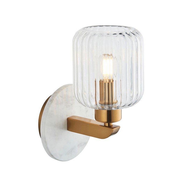 - Travi Ribbed - White Volakas Marble Wall Lamp with Clear Ribbed Glass Endon-120666 - Travi Ribbed - White Volakas Marble Wall Lamp with Clear Ribbed Glass