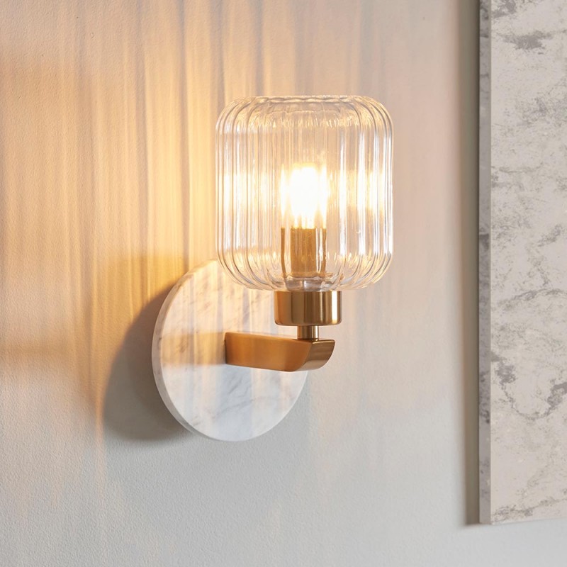 - Travi Ribbed - White Volakas Marble Wall Lamp with Clear Ribbed Glass Endon-120666 - Travi Ribbed - White Volakas Marble Wall Lamp with Clear Ribbed Glass