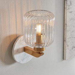 Travi Ribbed - White Volakas Marble Wall Lamp with Clear Ribbed Glass Travi Ribbed - White Volakas Marble Wall Lamp with Clear Ribbed Glass