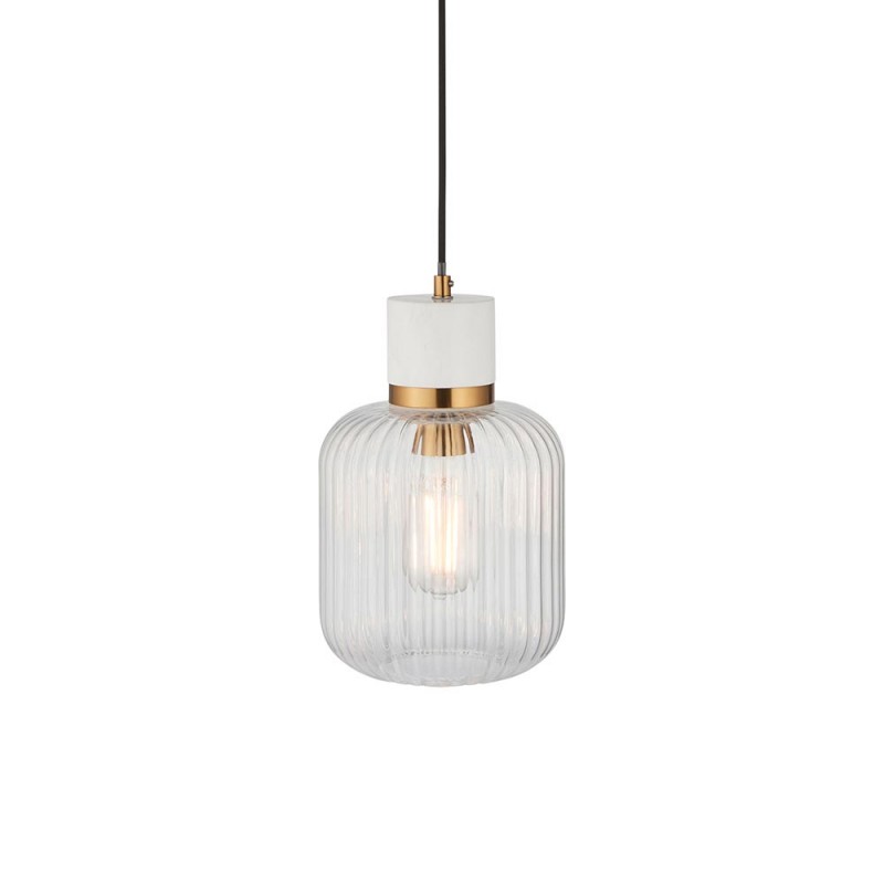 - Travi Ribbed - White Volakas Marble Pendant with Clear Ribbed Glass Endon-120667 - Travi Ribbed - White Volakas Marble Pendant with Clear Ribbed Glass