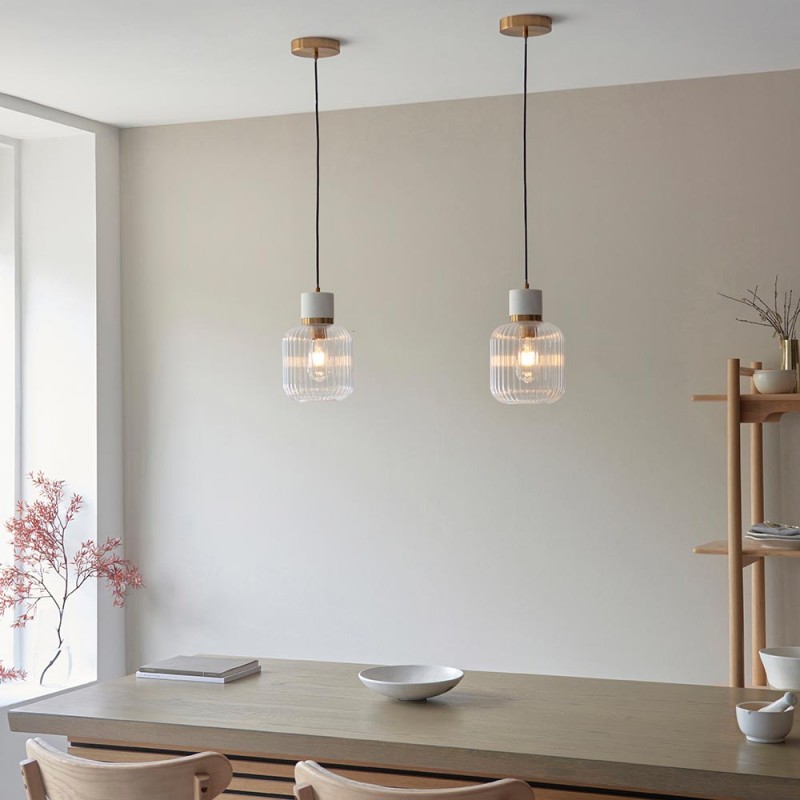 - Travi Ribbed - White Volakas Marble Pendant with Clear Ribbed Glass Endon-120667 - Travi Ribbed - White Volakas Marble Pendant with Clear Ribbed Glass