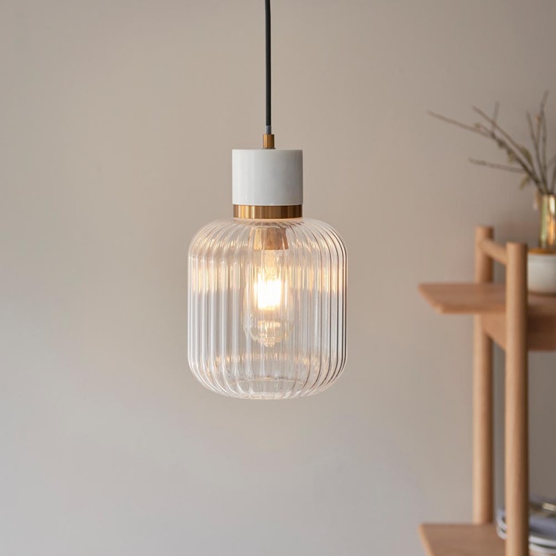- Travi Ribbed - White Volakas Marble Pendant with Clear Ribbed Glass Endon-120667 - Travi Ribbed - White Volakas Marble Pendant with Clear Ribbed Glass