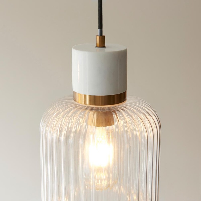 - Travi Ribbed - White Volakas Marble Pendant with Clear Ribbed Glass Endon-120667 - Travi Ribbed - White Volakas Marble Pendant with Clear Ribbed Glass